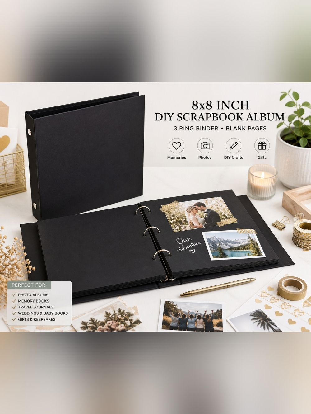 8x8 DIY Scrapbook Album Black 3 Ring Binder Blank Pages Memory Book New